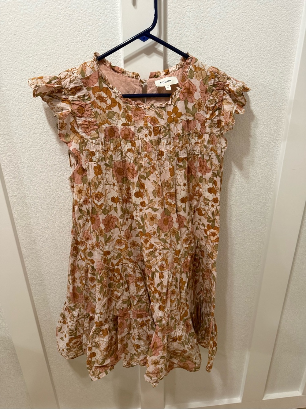 Bohme Ruffle Sleeve Floral Mini babydoll Dress in Blush Pink and Mustard medium